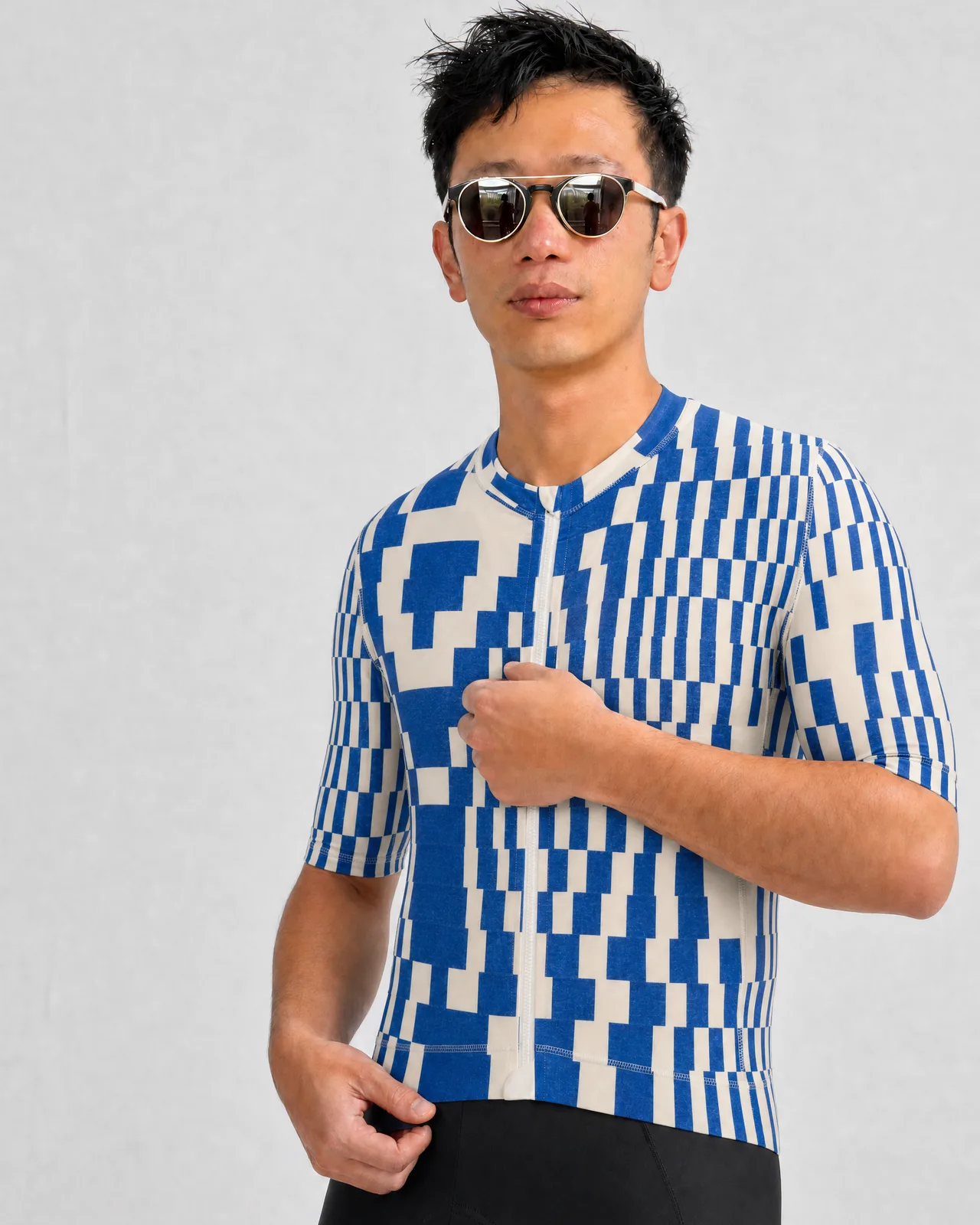 Jersey, pixelated blue and cream pattern, front detail, worn